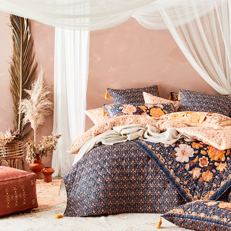 Wandering Folk Dawn Floral Navy Coverlet 