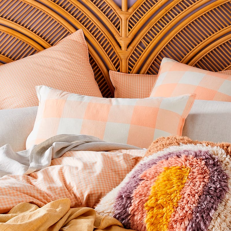 Vintage Washed Linen Cotton Peach Check Quilt Cover