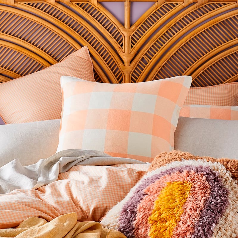 Vintage Washed Linen Cotton Peach Check Quilt Cover