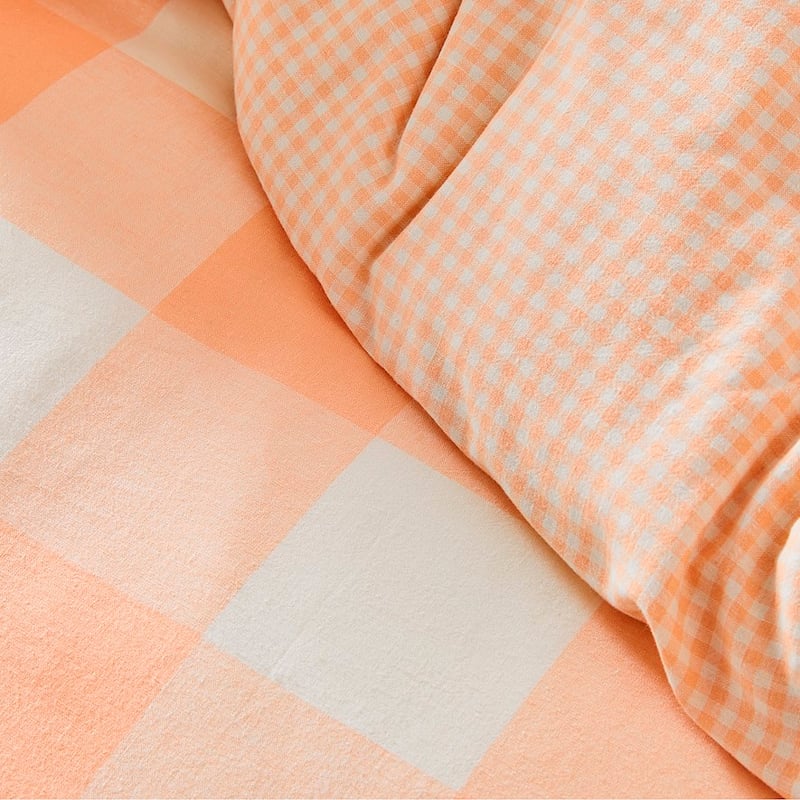 Vintage Washed Linen Cotton Peach Check Quilt Cover