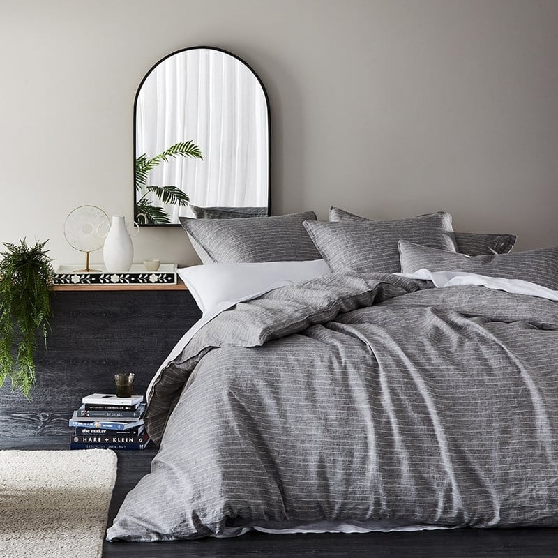 Vintage Washed Linen Grey Marle & White Stripe Quilt Cover 