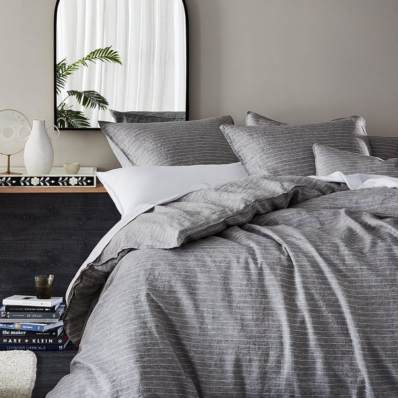 Vintage Washed Linen Grey Marle & White Stripe Quilt Cover 