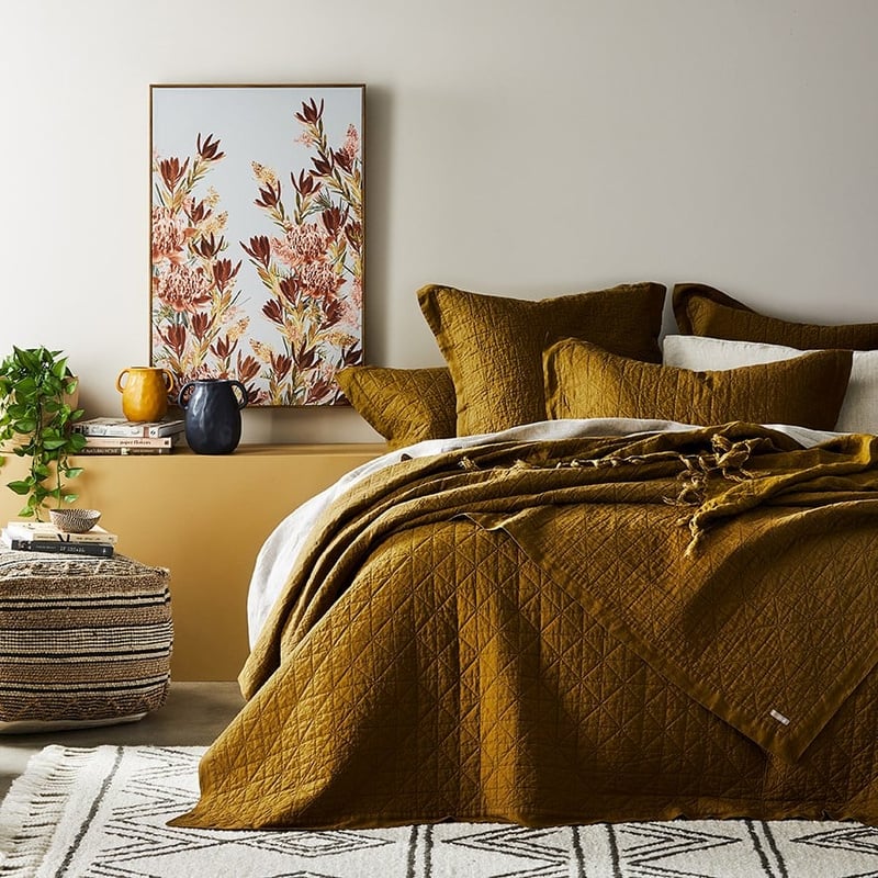 Vintage Washed Linen Olive Oil Coverlet