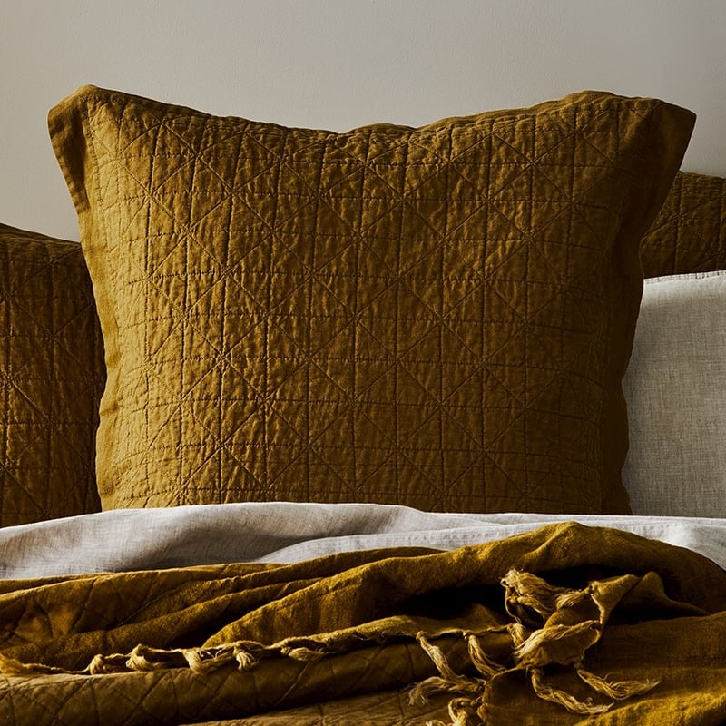 Vintage Washed Linen Olive Oil Coverlet