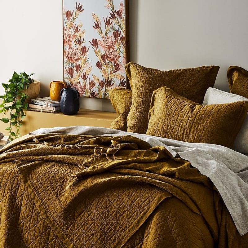 Vintage Washed Linen Olive Oil Coverlet