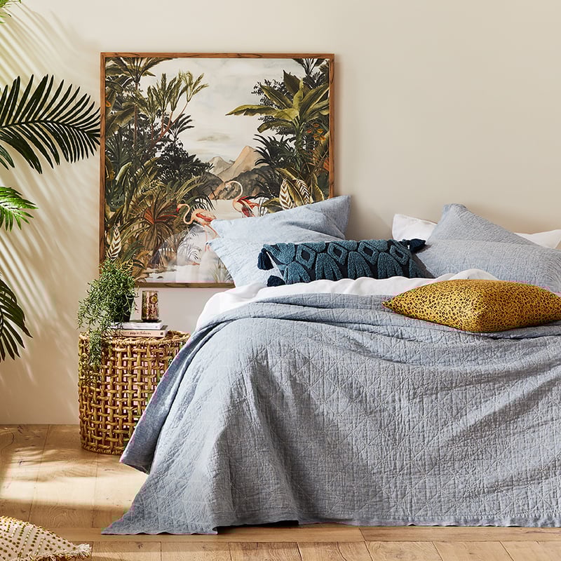 Vintage Washed Linen Sky Blue Coverlet