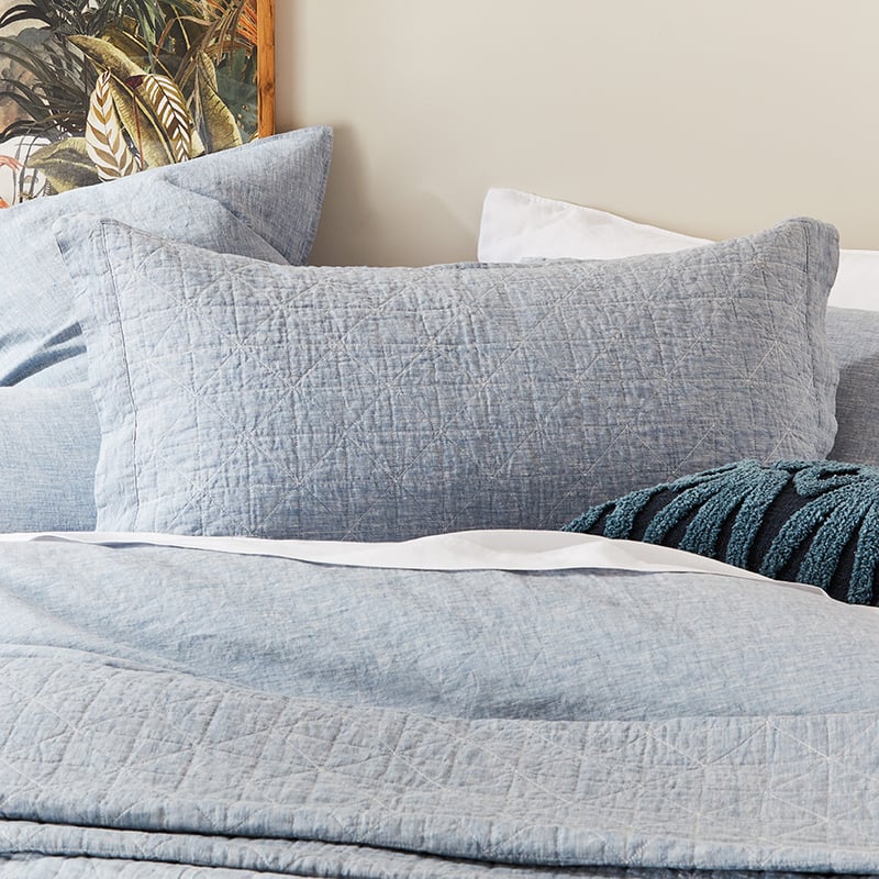 Vintage Washed Linen Sky Blue Coverlet