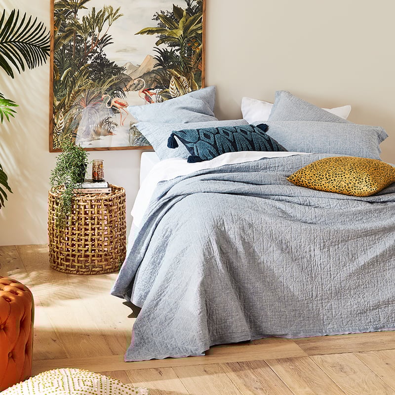 Vintage Washed Linen Sky Blue Coverlet
