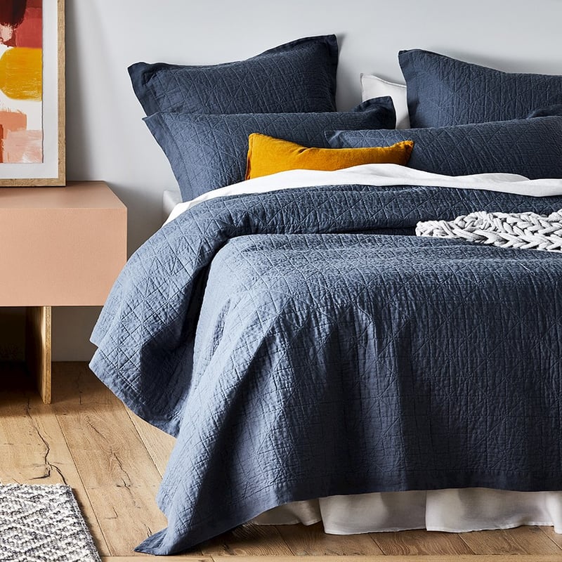 Vintage Washed Linen Steel Blue Coverlet