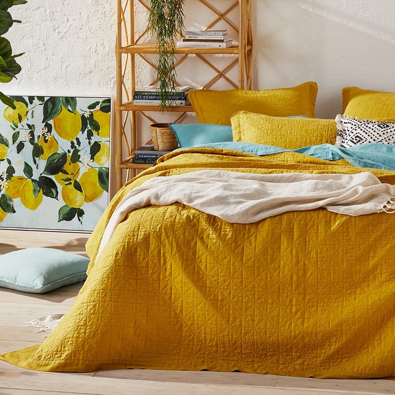 Vintage Washed Linen Sunflower Coverlet