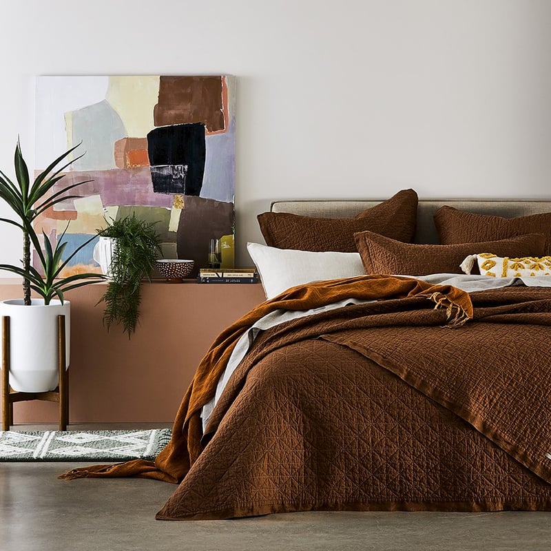 Vintage Washed Linen Tobacco Coverlet