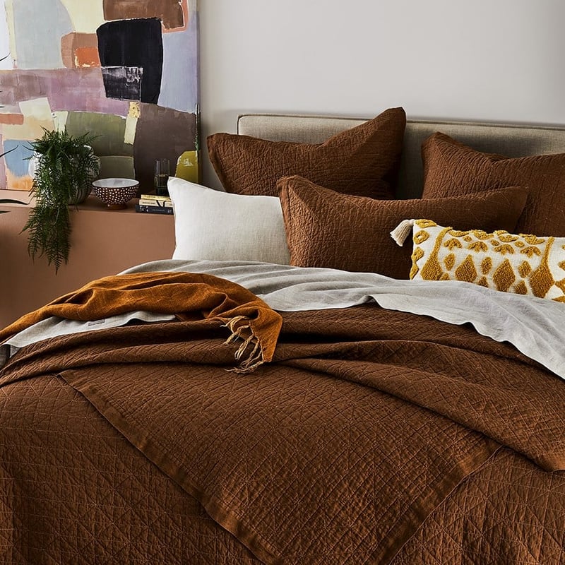 Vintage Washed Linen Tobacco Coverlet