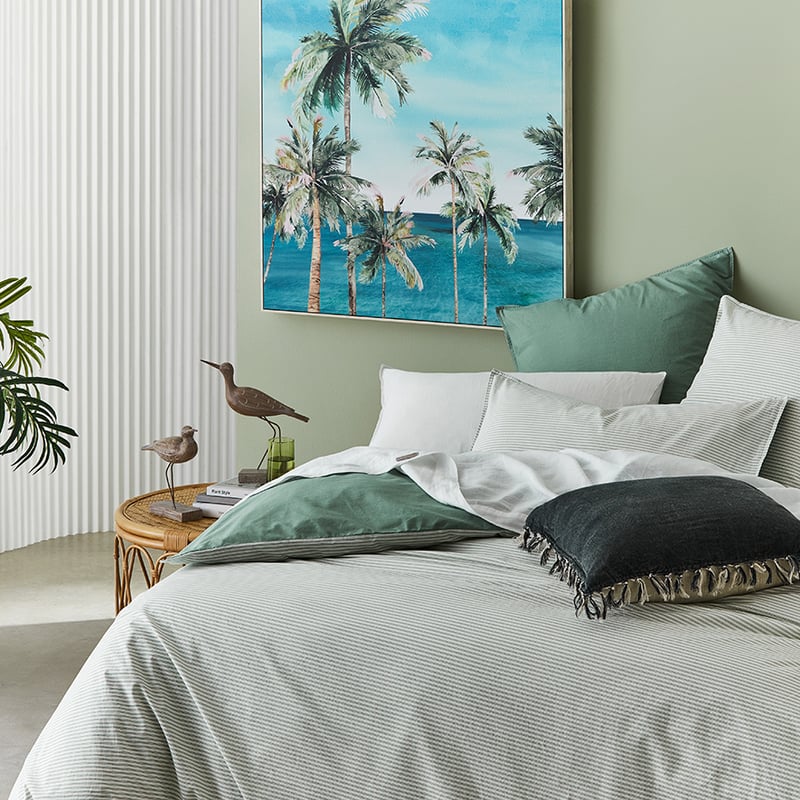 Stonewashed Printed Cotton Greenery Stripe Quilt Cover
