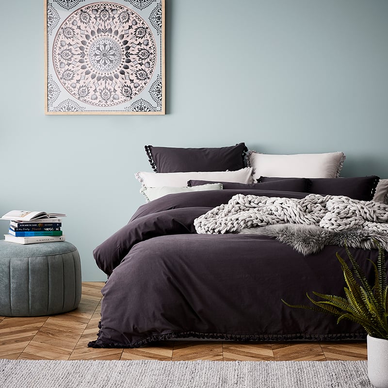 Stonewashed Tassel Cotton Quilt Cover Charcoal