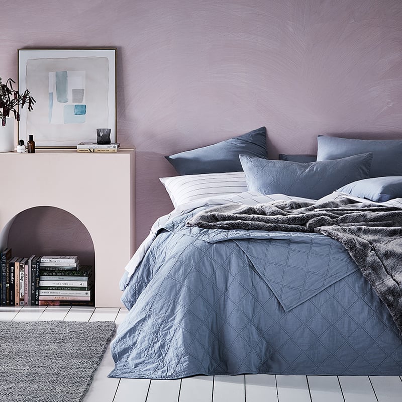 Stonewashed Cotton Dusty Blue Quilted Coverlet 