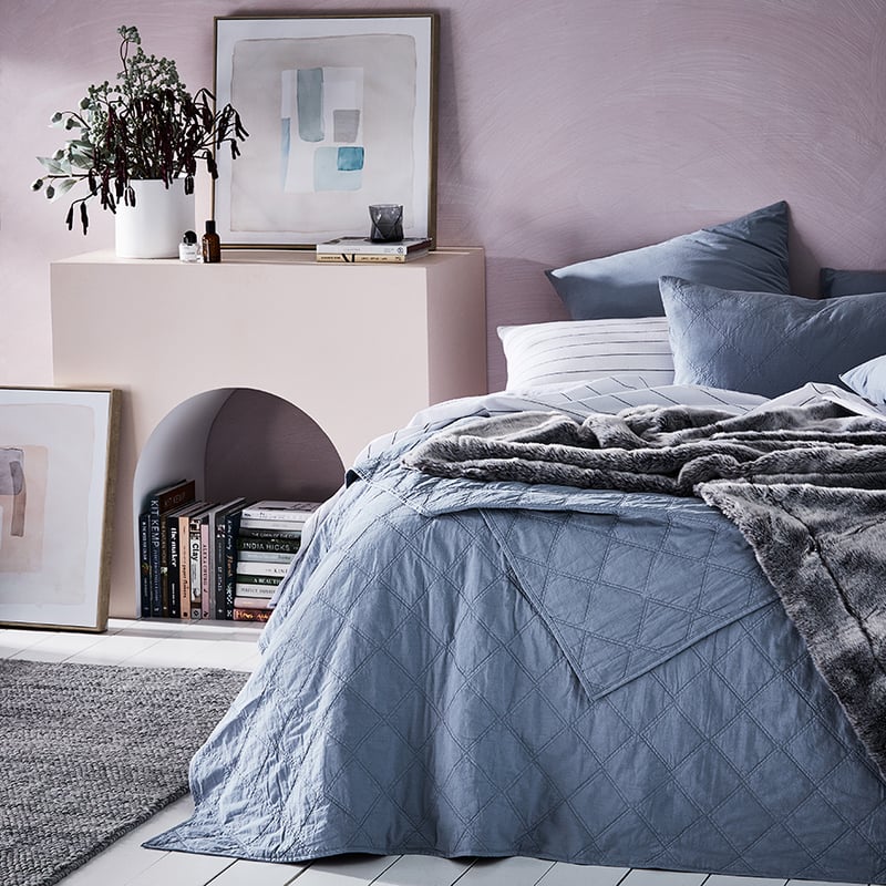 Stonewashed Cotton Dusty Blue Quilted Coverlet 