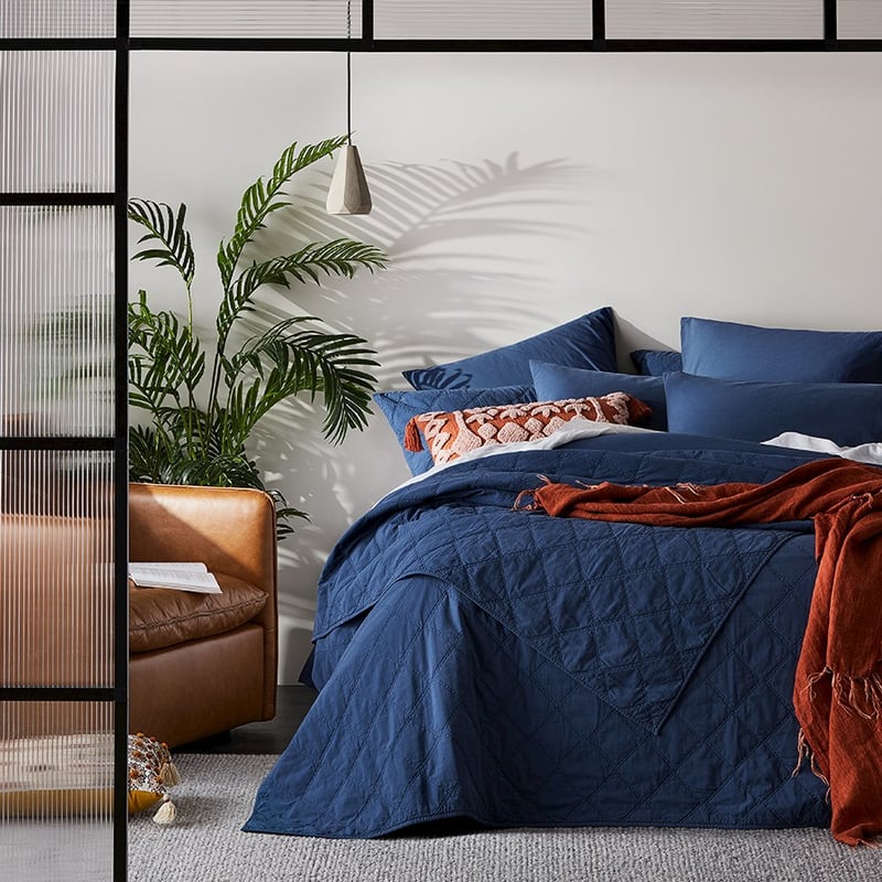 Stonewashed Cotton China Blue Quilted Coverlet 