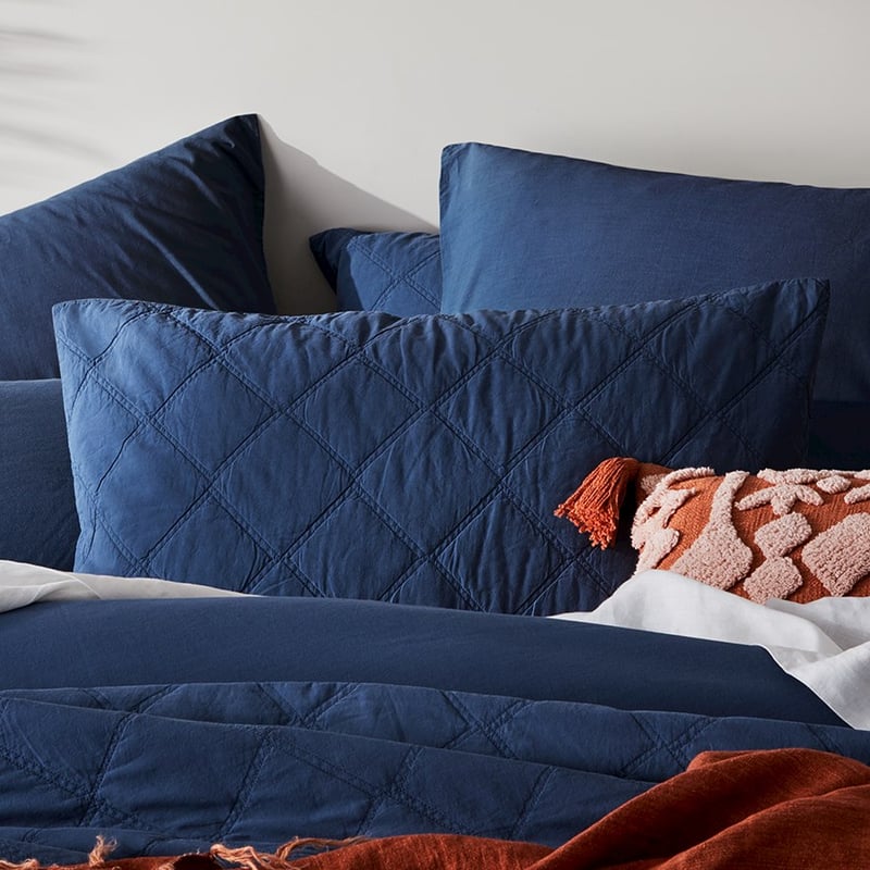 Stonewashed Cotton China Blue Quilted Coverlet 