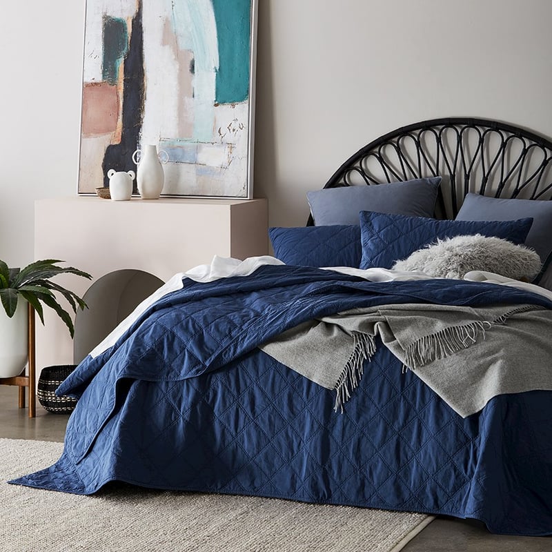 Stonewashed Cotton China Blue Quilted Coverlet 