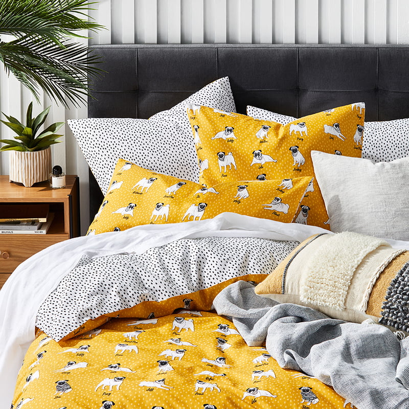 Percy Pug Mustard Quilt Cover Set 