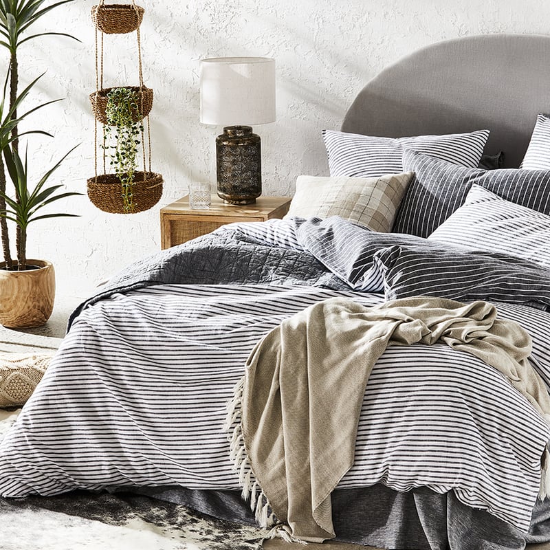 Vintage Washed Linen Cotton Indigo Stripe Quilt Cover