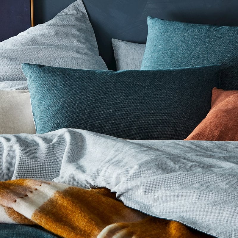 Vintage Washed Linen Cotton Teal Check Quilt Cover