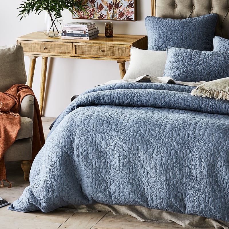 Daisy Quilted Dusty Blue Quilt Cover