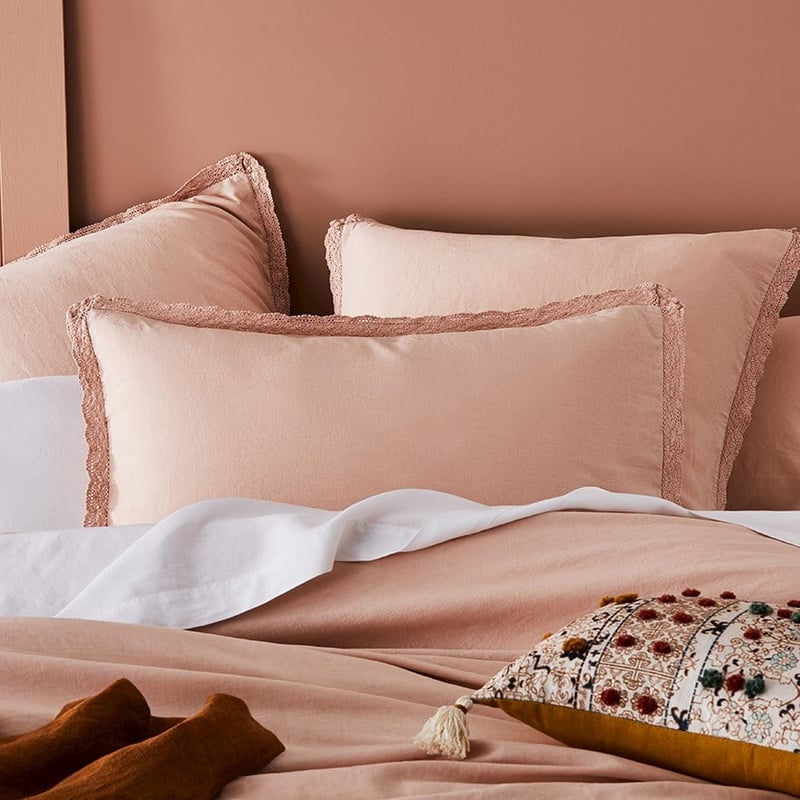 Vintage Washed Linen Cotton Rose Dust Lace Quilt Cover