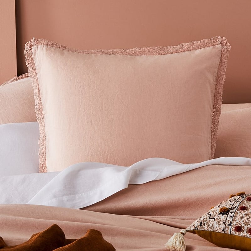 Vintage Washed Linen Cotton Rose Dust Lace Quilt Cover