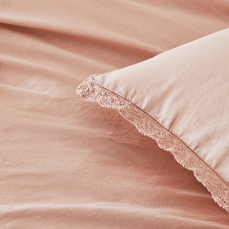 Vintage Washed Linen Cotton Rose Dust Lace Quilt Cover