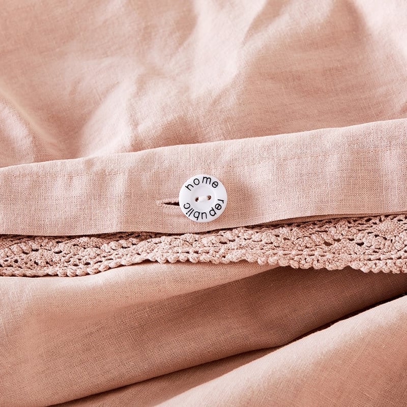 Vintage Washed Linen Cotton Rose Dust Lace Quilt Cover