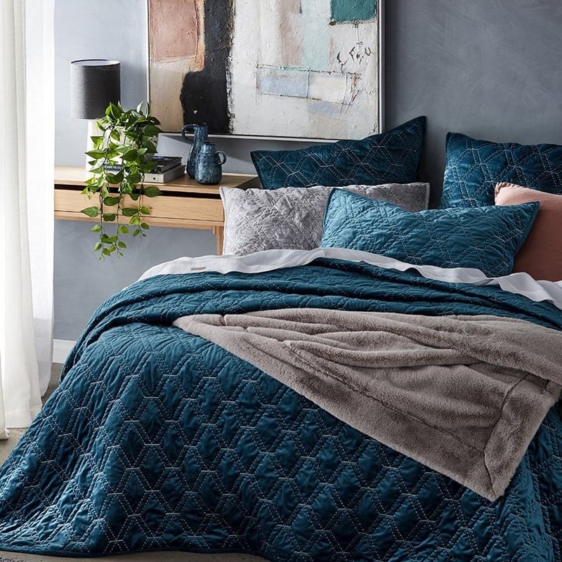 Valentina Quilted Petrol Blue Velvet Coverlet