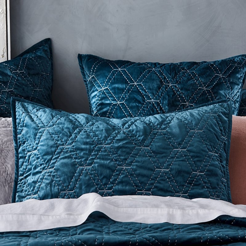 Valentina Quilted Petrol Blue Velvet Coverlet