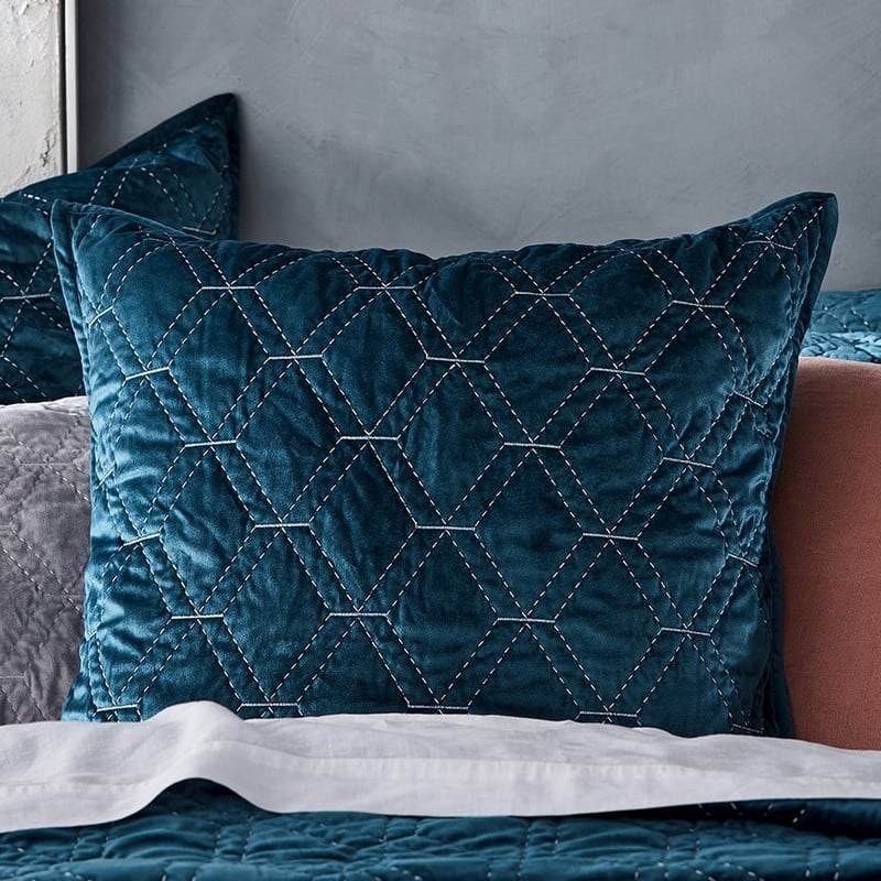 Valentina Quilted Petrol Blue Velvet Coverlet