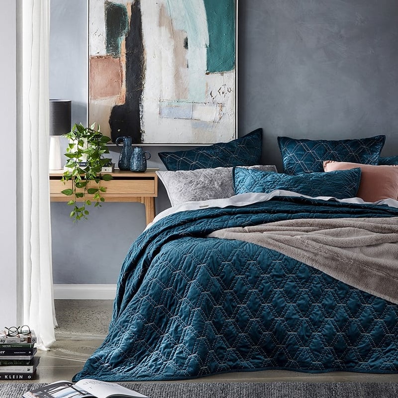 Valentina Quilted Petrol Blue Velvet Coverlet