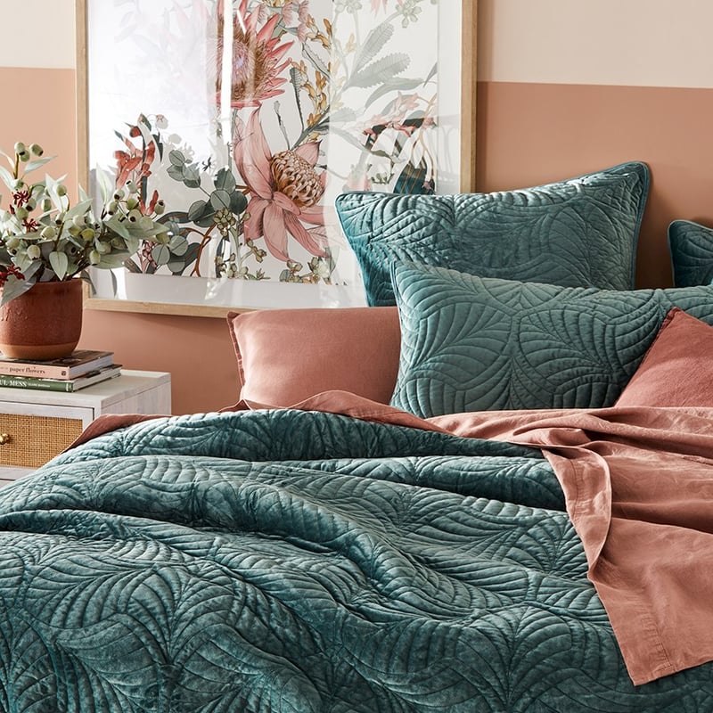 Elm Quilted Silver Leaf Velvet Quilt Cover
