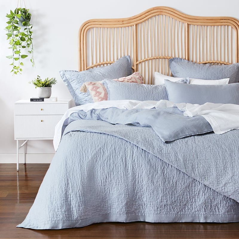 Vintage Washed Linen Quilted Blue Dust Coverlet