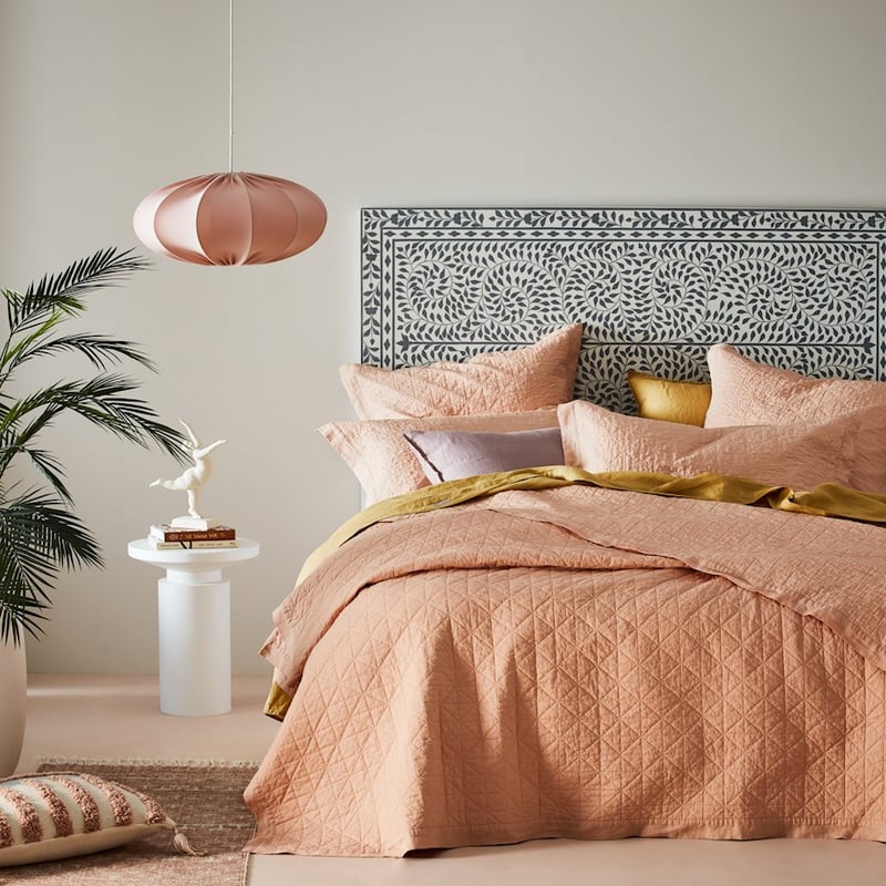 Vintage Washed Linen Pink Salt Quilted Coverlet