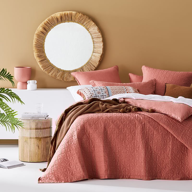 Vintage Washed Linen Quilted Rouge Coverlet