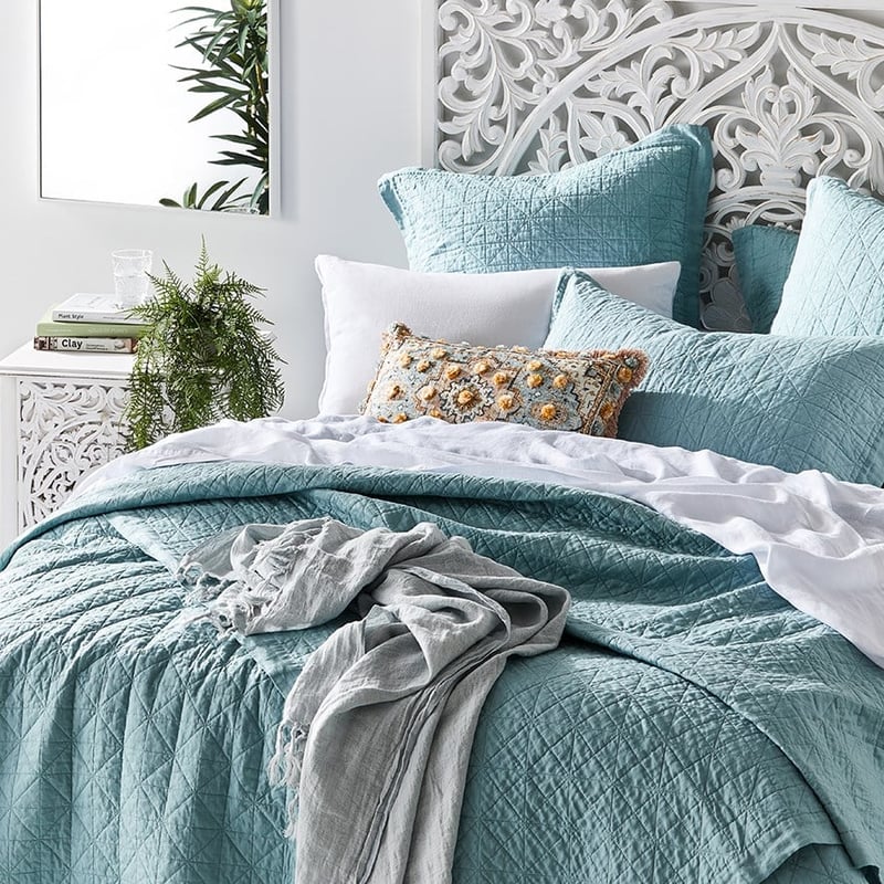 Vintage Washed Linen Seafoam Quilted Coverlet