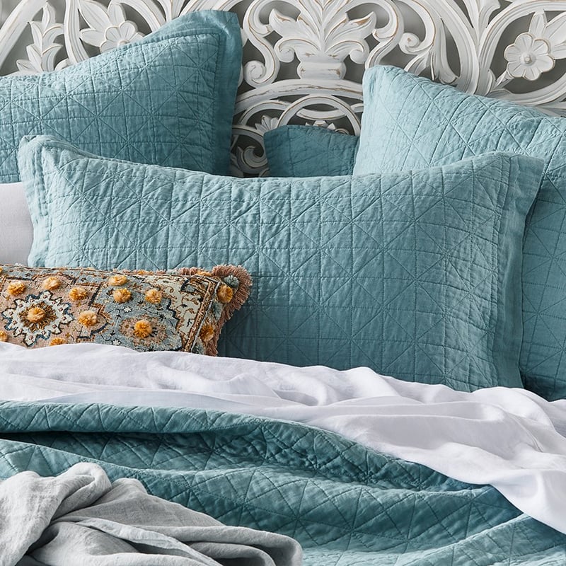 Vintage Washed Linen Seafoam Quilted Coverlet
