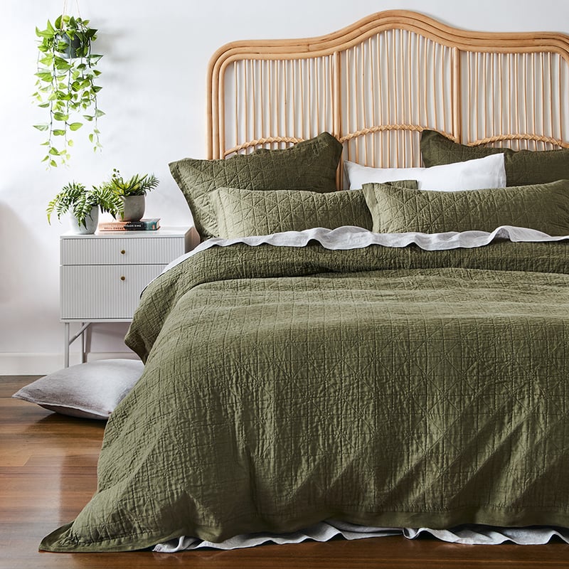 Vintage Washed Linen Moss Quilted Quilt Cover