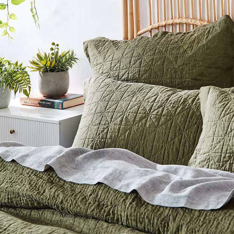 Vintage Washed Linen Moss Quilted Quilt Cover
