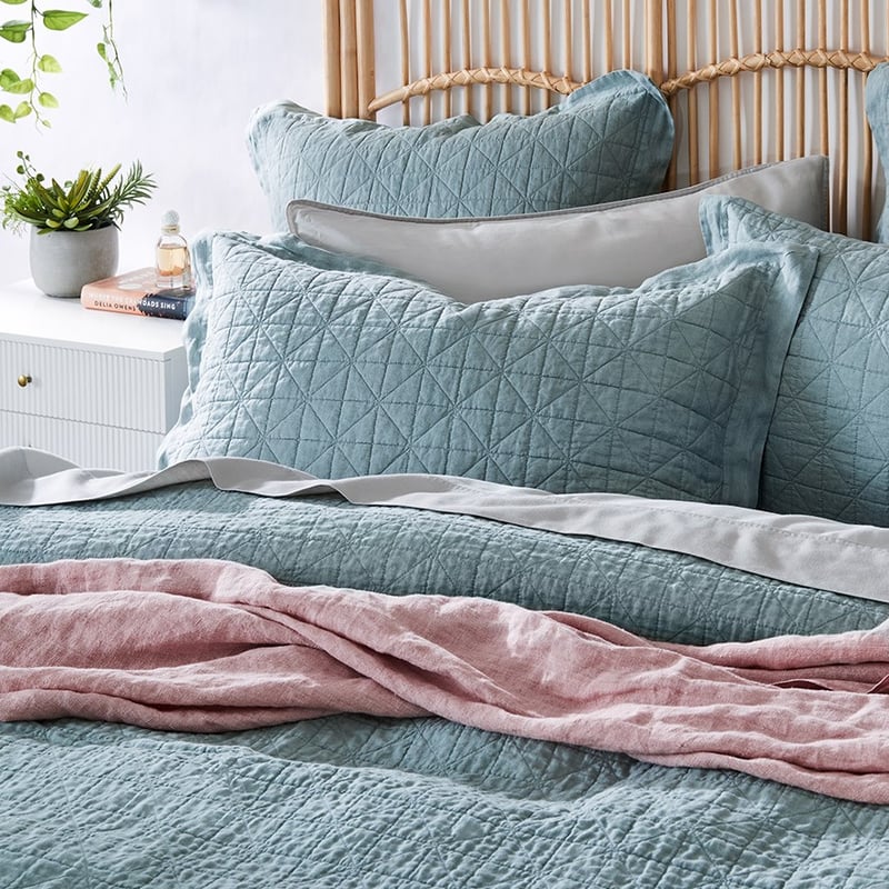Vintage Washed Linen Seafoam Quilted Quilt Cover