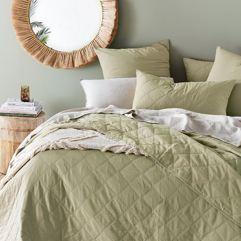 Stonewashed Cotton Soft Khaki Quilted Coverlet