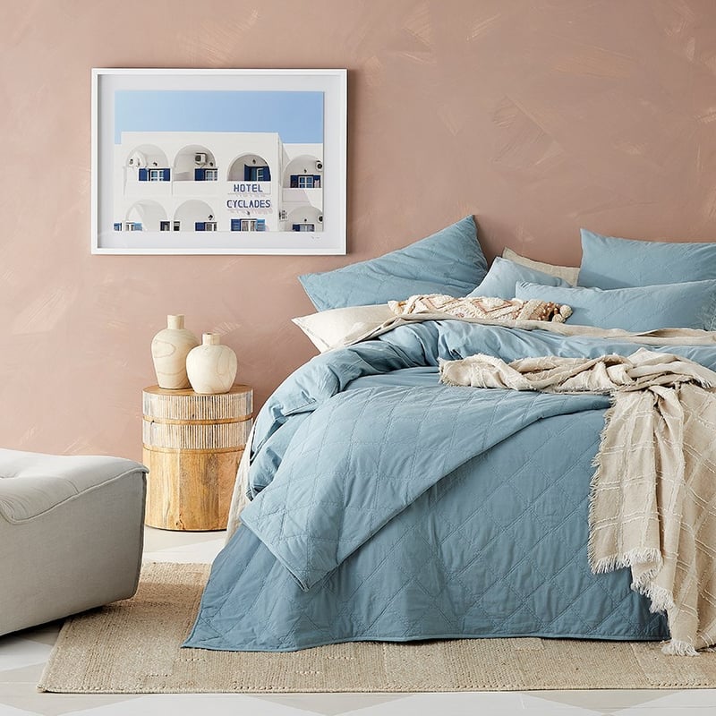 Stonewashed Cotton Blue Grey Quilted Coverlet