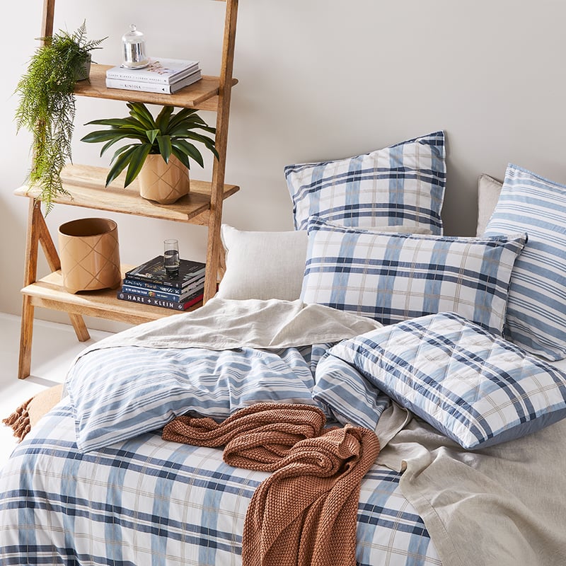 Stonewashed Printed Cotton Blue Check Quilt Cover