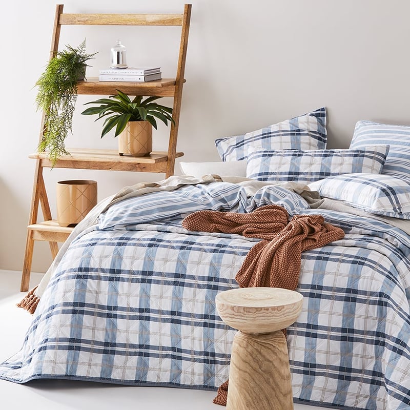 Stonewashed Cotton Printed Blue Check Quilted Coverlet