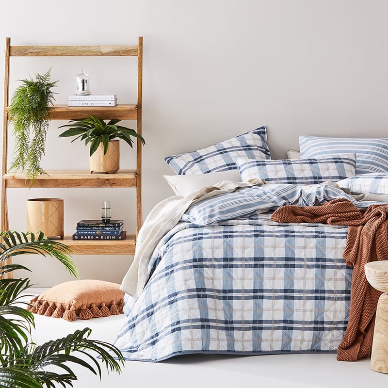 Stonewashed Cotton Printed Blue Check Quilted Coverlet