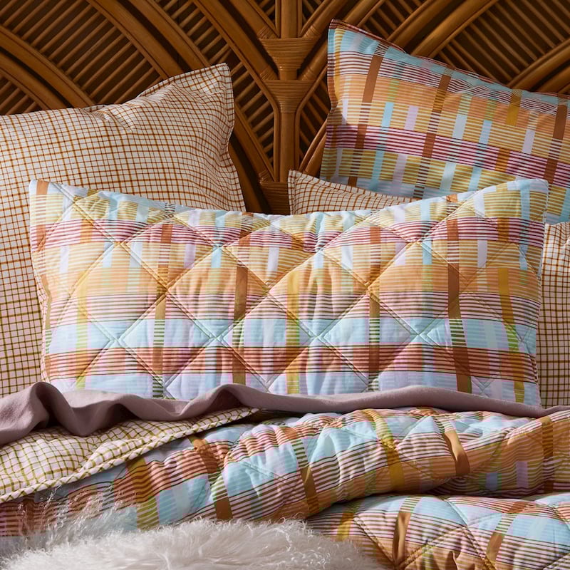 Stonewashed Cotton Printed Mustard Grid Quilted Coverlet